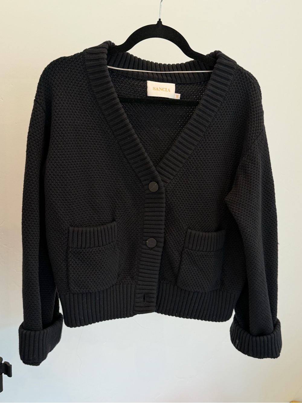 SANCIA Black Cotton Wool Chunky Knit Cardigan Size Small